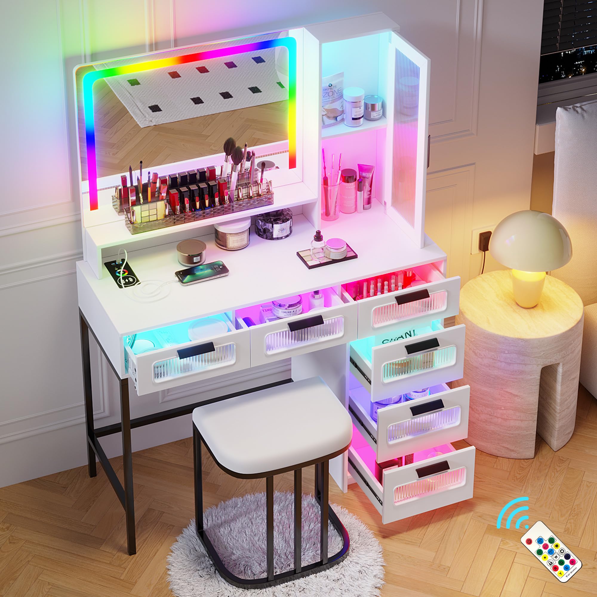 HNEBC White LED Vanity Makeup Desk with Mirror, 6 Drawers & Stool - USB/Wireless Charging Station, RGB Lights - Perfect for Bedroom Dressing Table & Cloakroom Organization