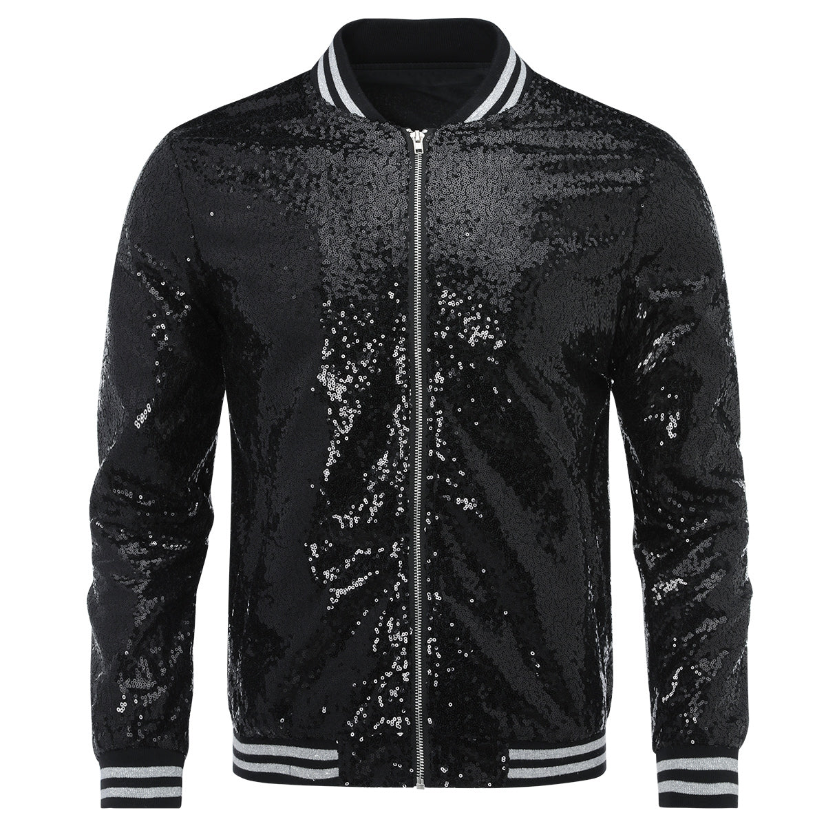 Sparkly Men's Stand Collar Stage Jacket - Black Sequined Performance Blazer for Theater, Cosplay & Nightclub Outfits