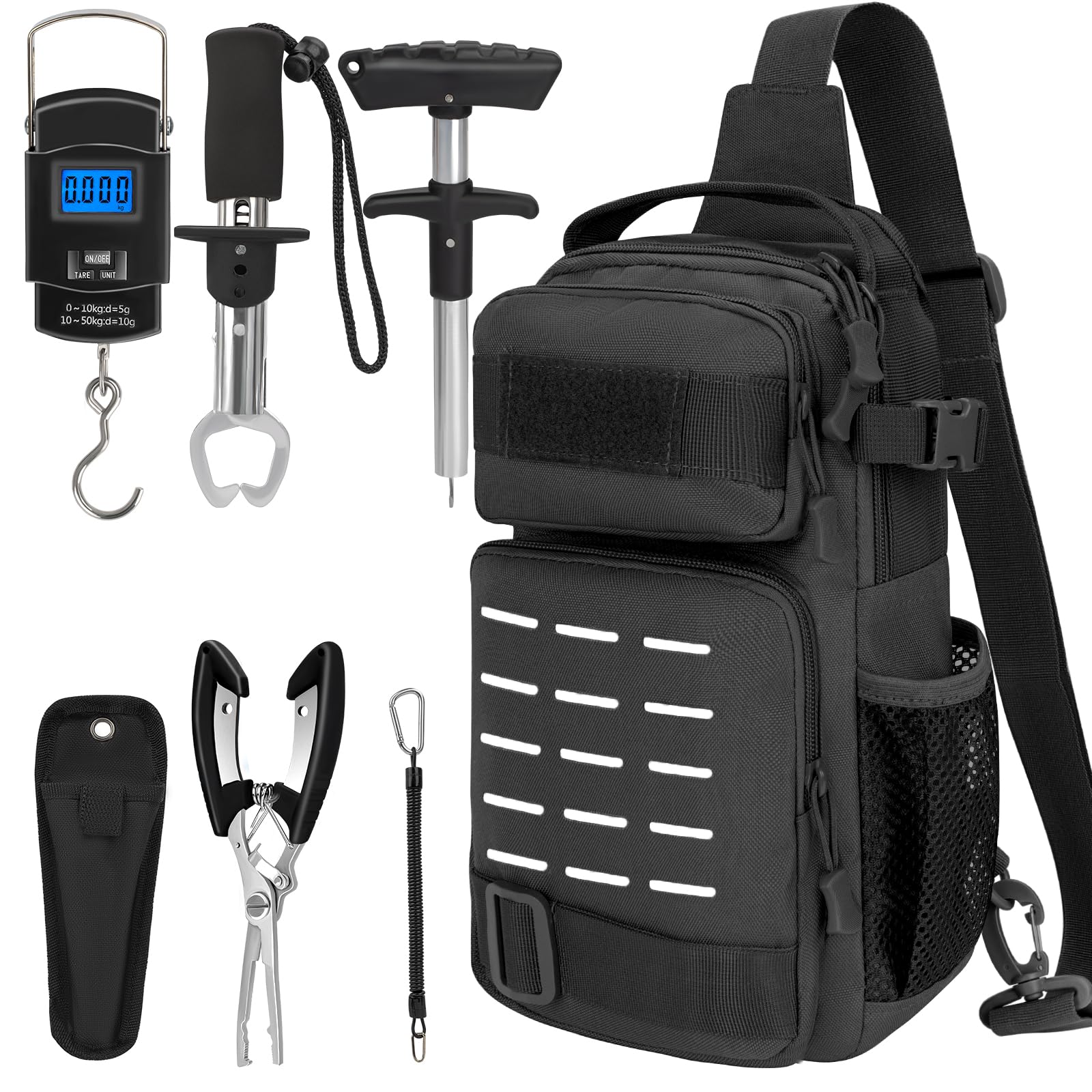 THKFISH 7-Piece Fishing Kit - Tactical Sling Bag with Pliers, Hook Remover & Digital Scale for Outdoor Fishing Adventures