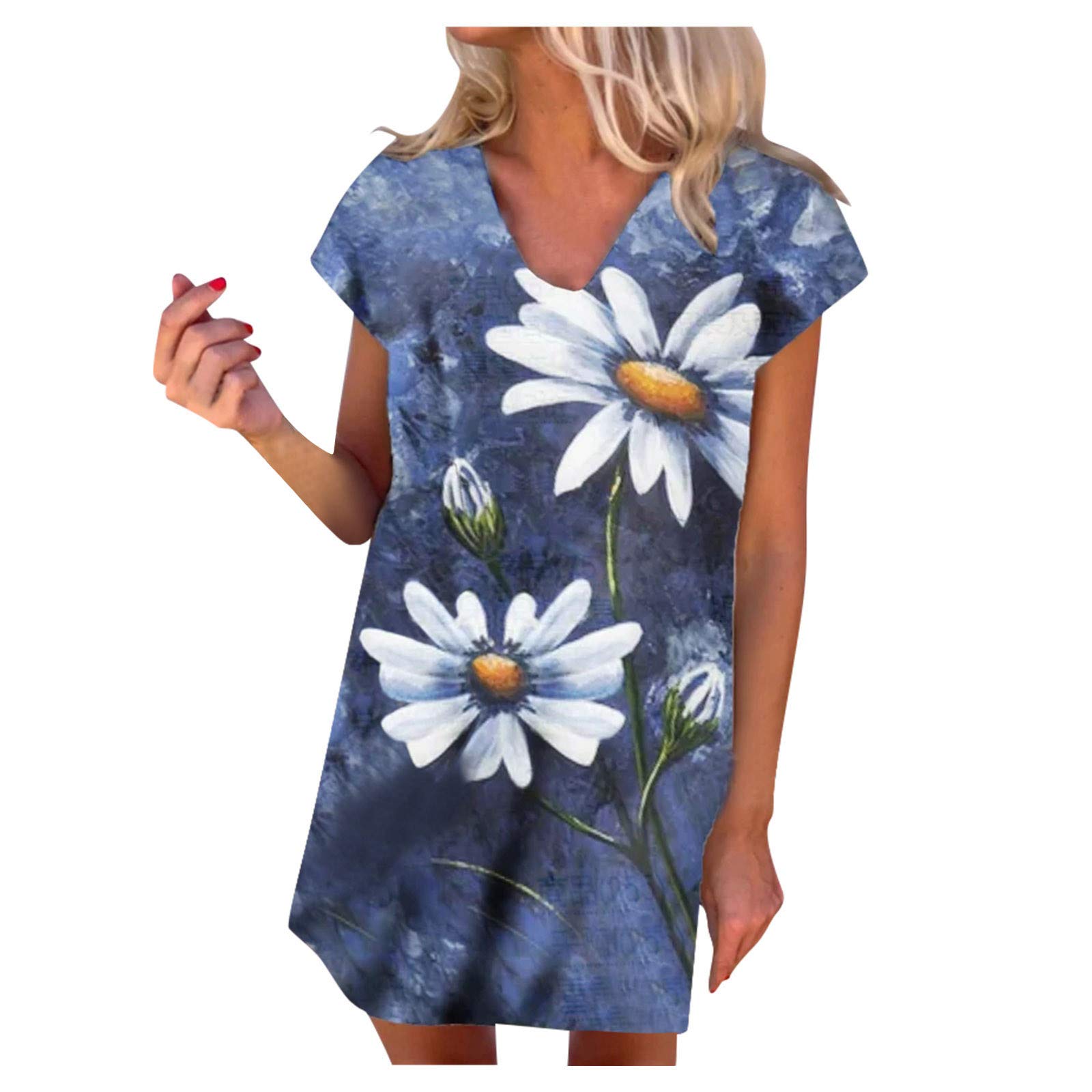 Women's Loose Casual V-Neck Mini Dress - Floral Print Sleeveless Summer Dress in White | Perfect for Graduation, Beach Vacation, and Casual Outings