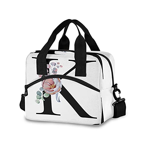 Insulated Monogram Lunch Bag with Adjustable Shoulder Strap - Large Reusable Cooler Tote for Women, Men & Kids - Perfect for Work, School, Picnics & Meal Prep (Floral Alphabet K Letter Design)