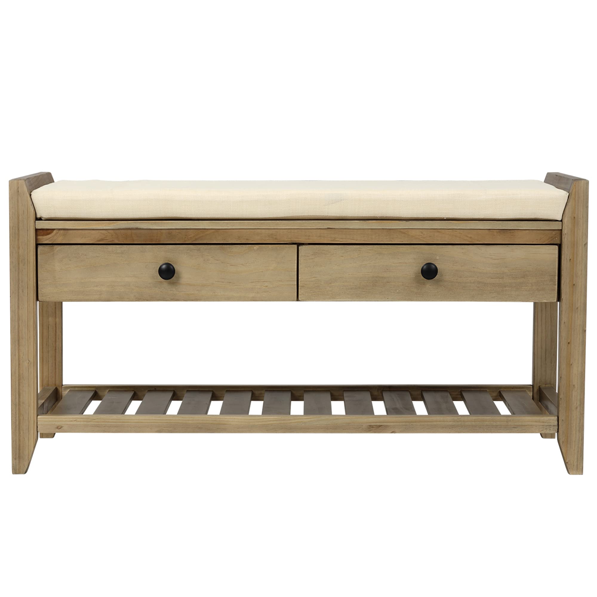 Gray Wash Entryway Storage Bench with Cushioned Seat - Shoe Rack with 2 Drawers & Storage Shelf - Perfect for Hallway, Mudroom & Small Space Organization