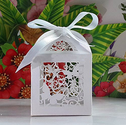 Saitec 50-Piece Laser Cut Butterfly & Flower Wedding Favor Boxes - Pearlescent Candy Gift Boxes for Bridal Showers, Baby Showers & Party Favors - Elegant Paper Gift Boxes for Weddings, Anniversaries & Special Events