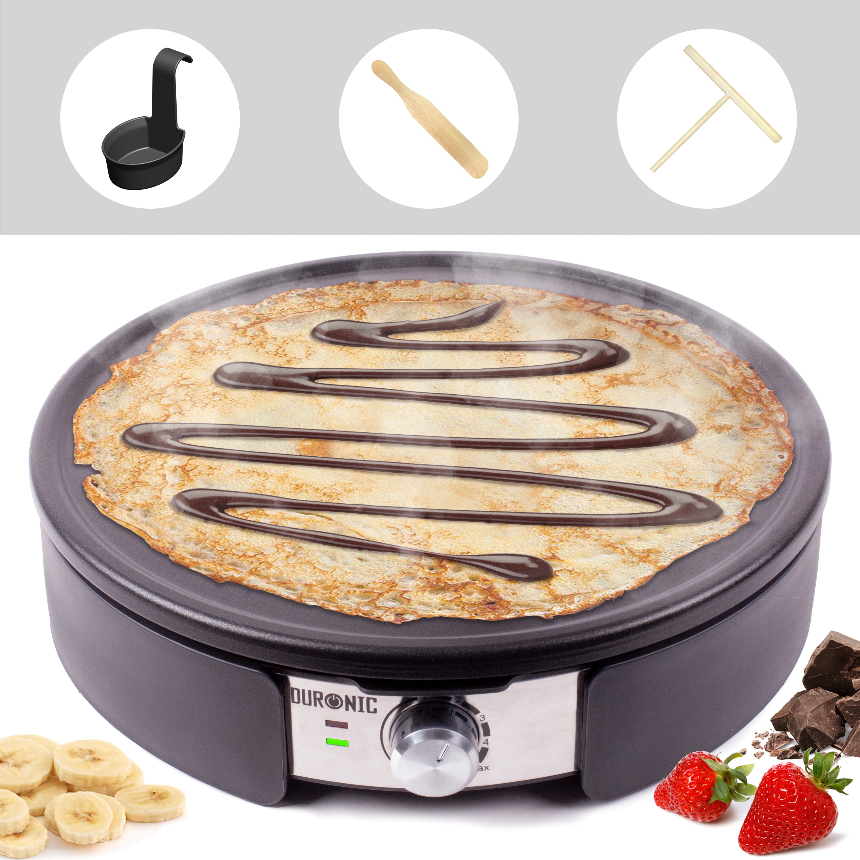 Duronic PM152 Electric Crepe Maker Machine - 37cm Non-Stick Removable Hot Plate for Crepes, Pancakes & Omelettes | Includes Crêperie Utensils | Perfect for Breakfast, Brunch & Dessert Making