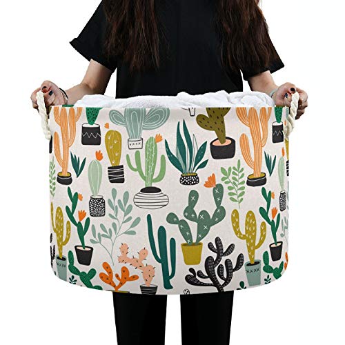Large Round Storage Basket - Cute Cactus Canvas Toy & Laundry Organizer for Baby Nursery, Kids Room, Home Decor | Perfect for Toys, Baby Clothes, Blankets & Gift Storage