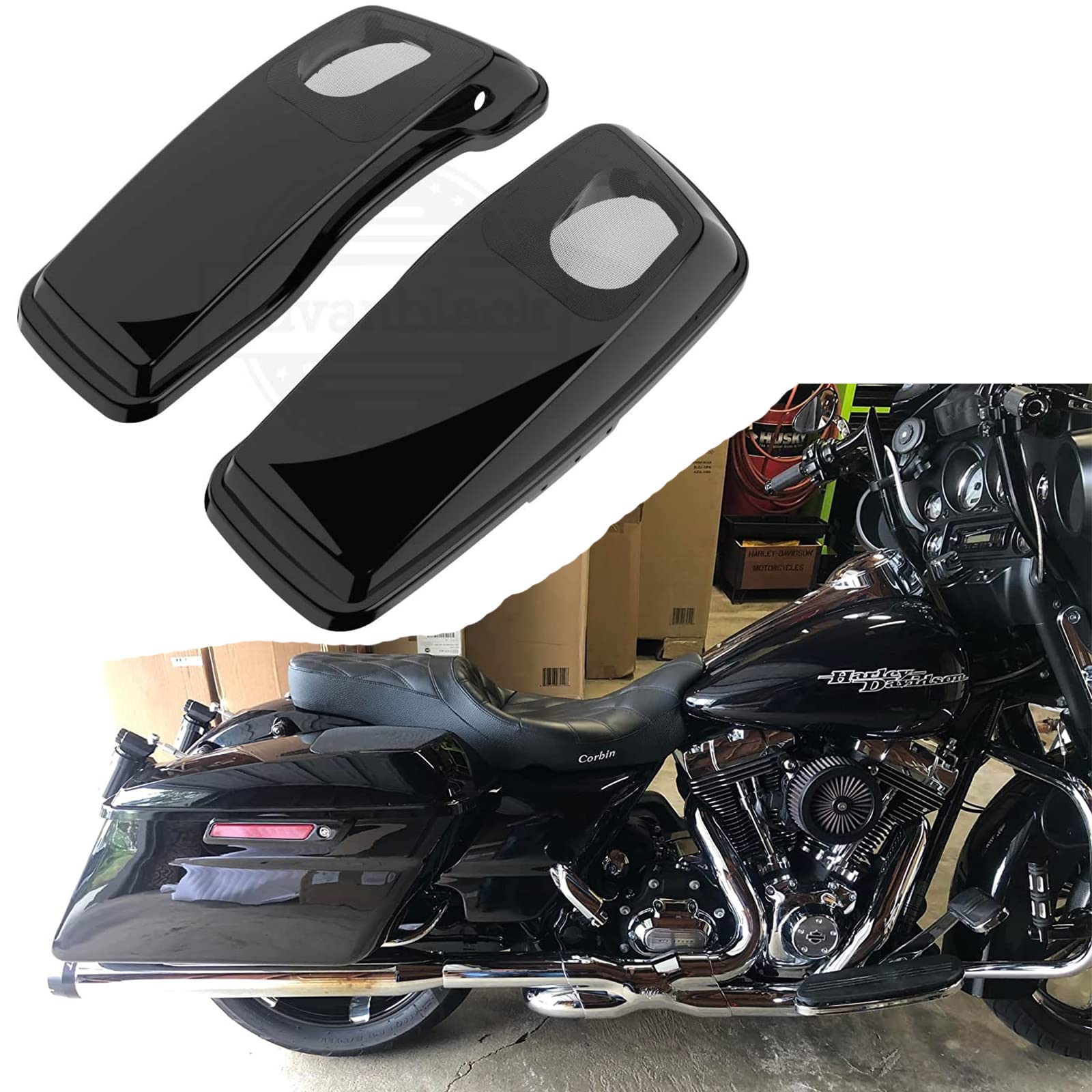 Vivid Black 6x9 Motorcycle Saddlebag Speaker Lids - Compatible with 2014+ Harley FLH Touring Hard Bags | Stretched Bag Replacement Covers | Perfect for Audio Upgrades & Custom Bike Accessories