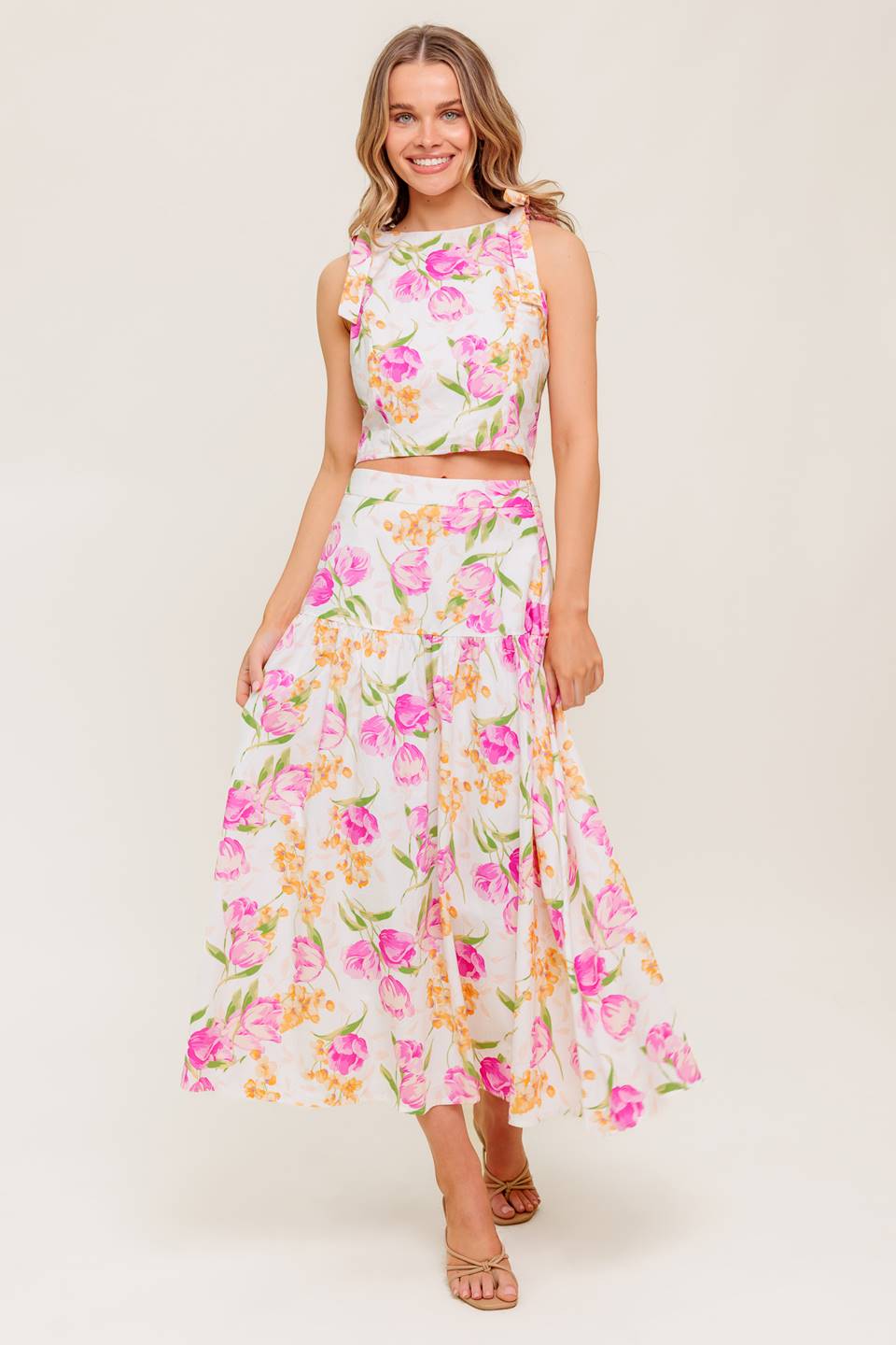 Pink Tulip Floral Print Top & Midi Skirt Set for Women - Spring Summer Garden Party Outfit, Beach Vacation, Brunch Date