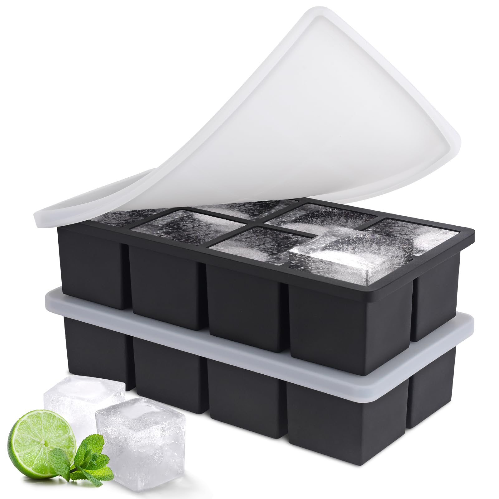 Silicone Ice Cube Tray with Lid - Large Square Ice Molds for Whiskey, Cocktails, Coffee & Juice - Easy Release, Stackable & Space Saving - Perfect for Home Bars, Parties & Office Use (8 Square Cubes)