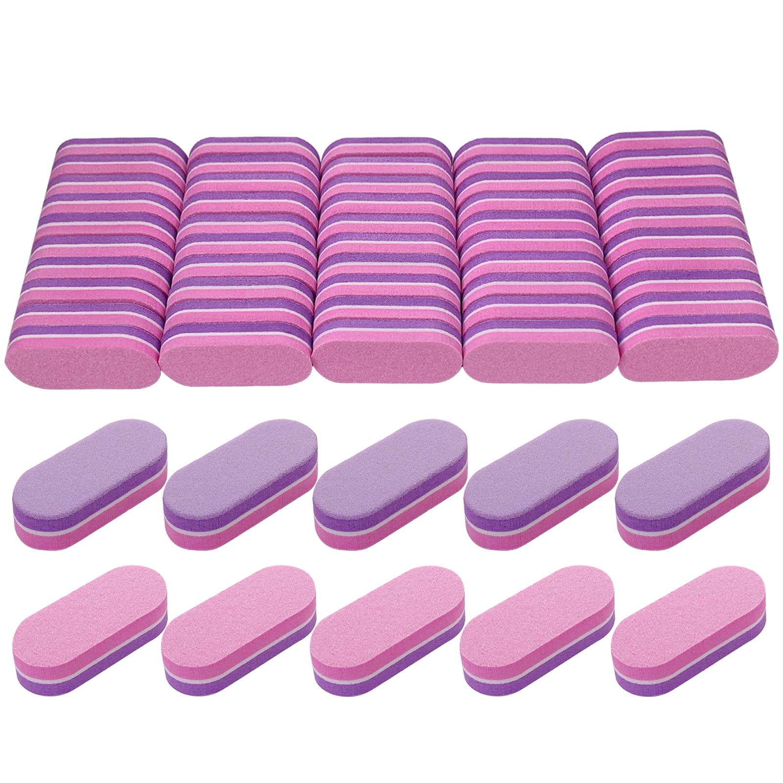 50 Pack Mini Nail Buffers - 100/180 Grit Nail File Blocks for Acrylic & Natural Nails | Professional Manicure Buffing Tools for Salon & Home Use (Purple/Pink) - Perfect for Nail Prep, Shaping & Polishing