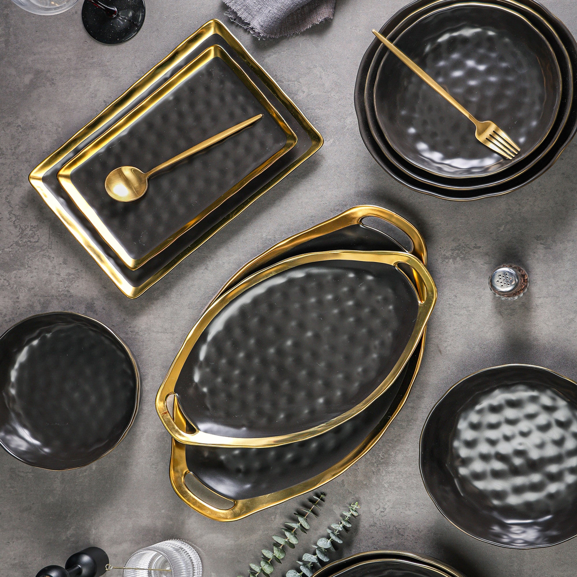 Premium Florian Porcelain Dinner Plates Set - Elegant Black Service Dishes for Fine Dining, Wedding & Holiday Entertaining