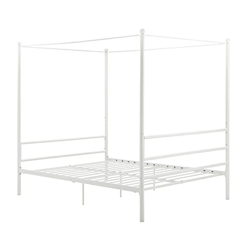 Pemberly Row Contemporary Full Size White Metal Four-Post Canopy Bed Frame - Perfect for Modern Bedroom Decor & Master Suite Upgrade