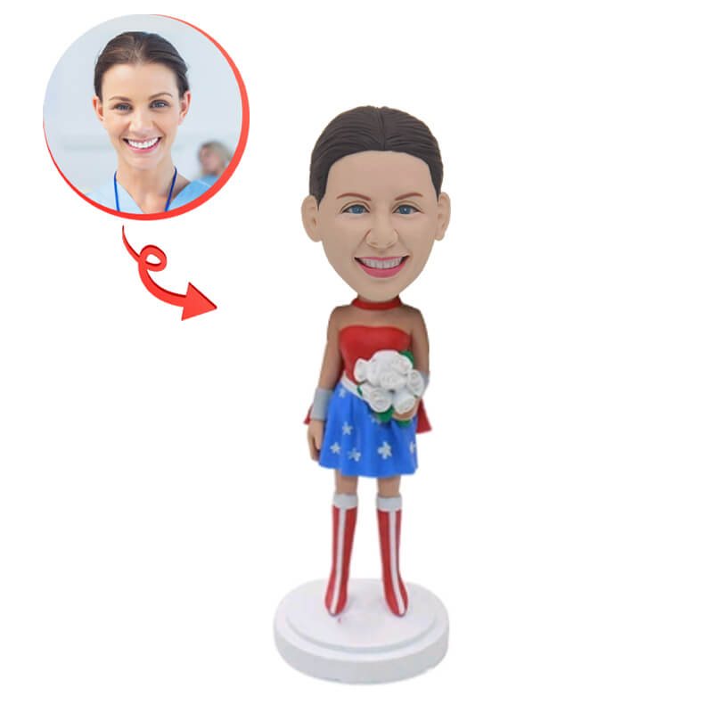 Custom Bobblehead of a Pretty Girl Holding Flowers - Personalized Figurine Gift for Birthdays, Anniversaries & Home Decor