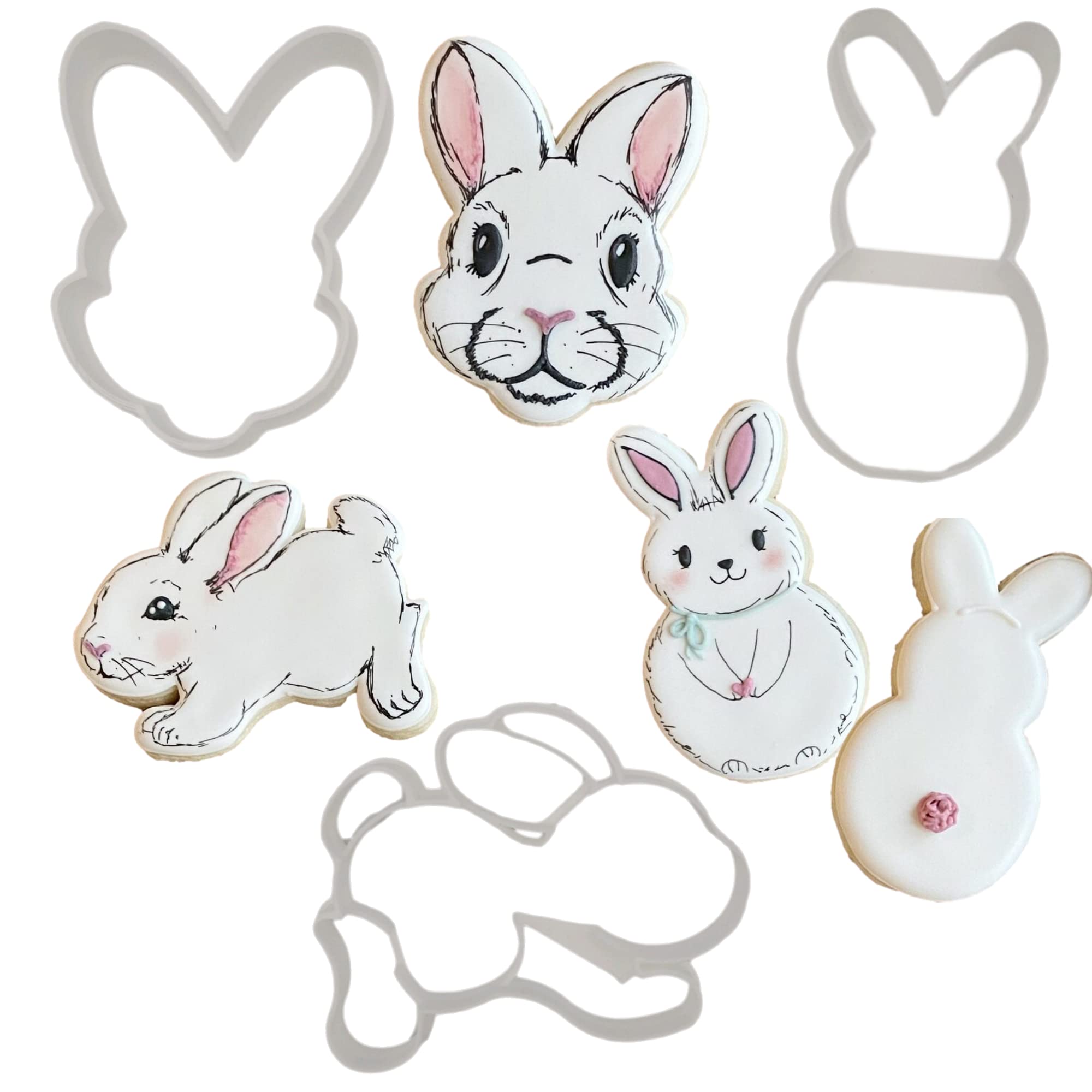 Easter Bunny Cookie Cutters Set - 3 Pack Rabbit Head, Hopping Side View & Peep Body Cookie Cutters for Baking, DIY Crafts & Easter Decorations