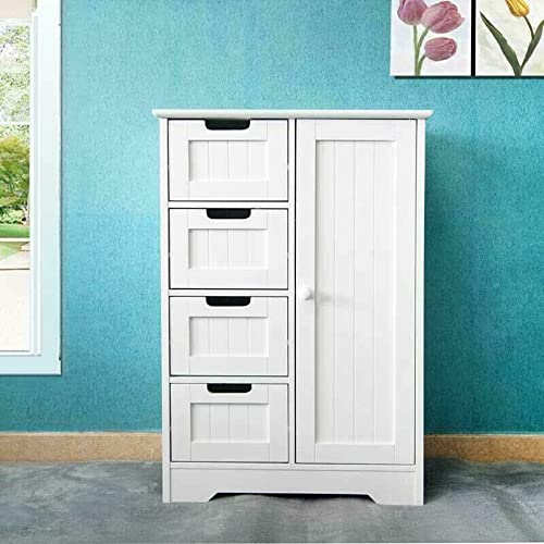 White Wooden Storage Cabinet with 1 Door & 4 Drawers - Bedroom, Closet, Office & Bathroom Organizer - Free Standing Entryway Cupboard for Home Organization & Space Saving
