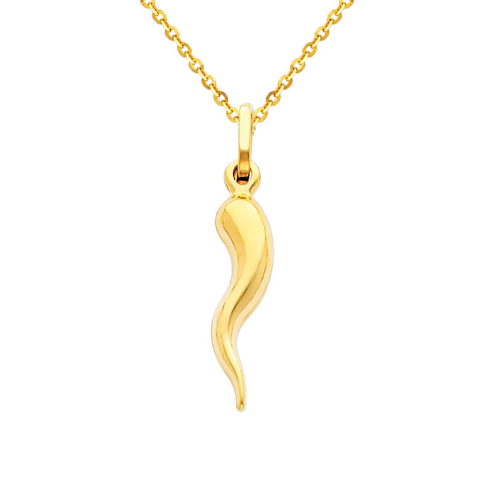 14K Yellow Gold Italian Cornicello Horn Charm Pendant with 1.2mm Diamond-Cut Cable Chain Necklace - Elegant Italian Horn Jewelry for Women, Perfect Gift for Birthday, Anniversary & Special Occasions