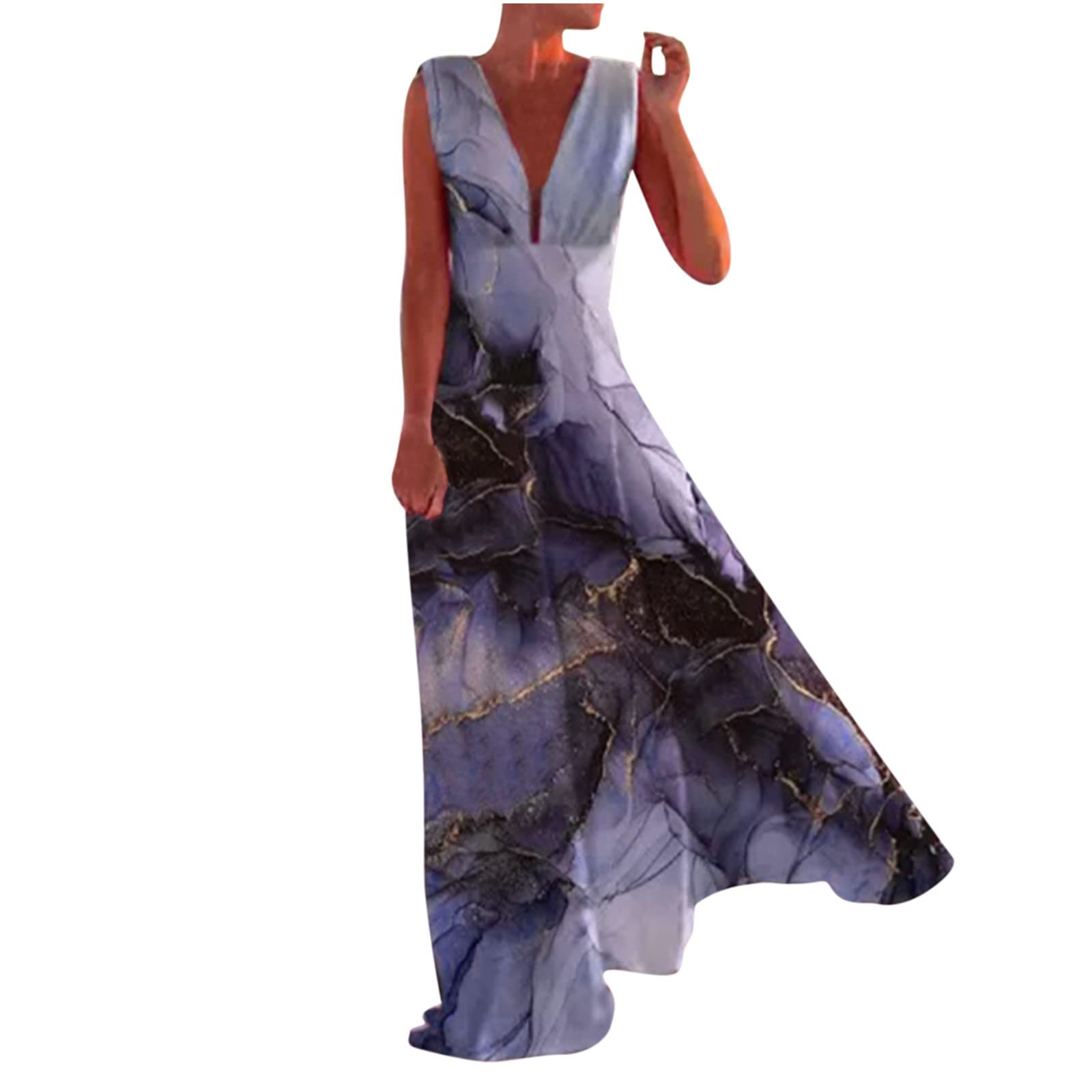 Women's Summer Dresses 2022 - Casual Sleeveless V-Neck Printed Sundress with Zipper, Long Strappy Backless Lace Dress with Bowknot | Perfect for Beach Vacations, Date Nights & Summer Parties