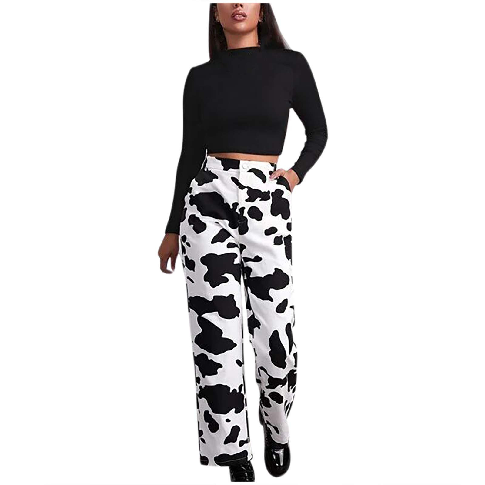 UODSVP Women's Plus Size High Waisted Bootcut Jeans - Black & White Cow Print Fashion Denim Pants with Button Fly & Loose Pockets (XS-5XL) | Wide Leg Comfort for Curvy Figures | Perfect for Casual Wear, Office Outfits & Night Out