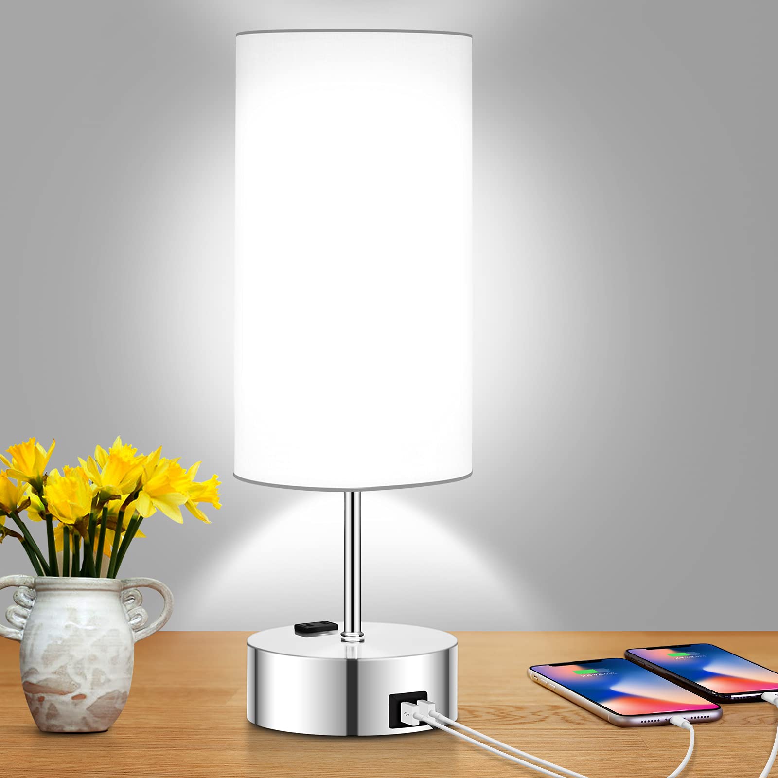 3-Way Dimmable Touch Control Table Lamp with USB Charging Ports - Daylight White LED Bedside Lamp with Power Outlet (60W Equivalent Bulb Included) - Perfect for Bedroom Nightstand, Office Desk, and Reading Nook Lighting