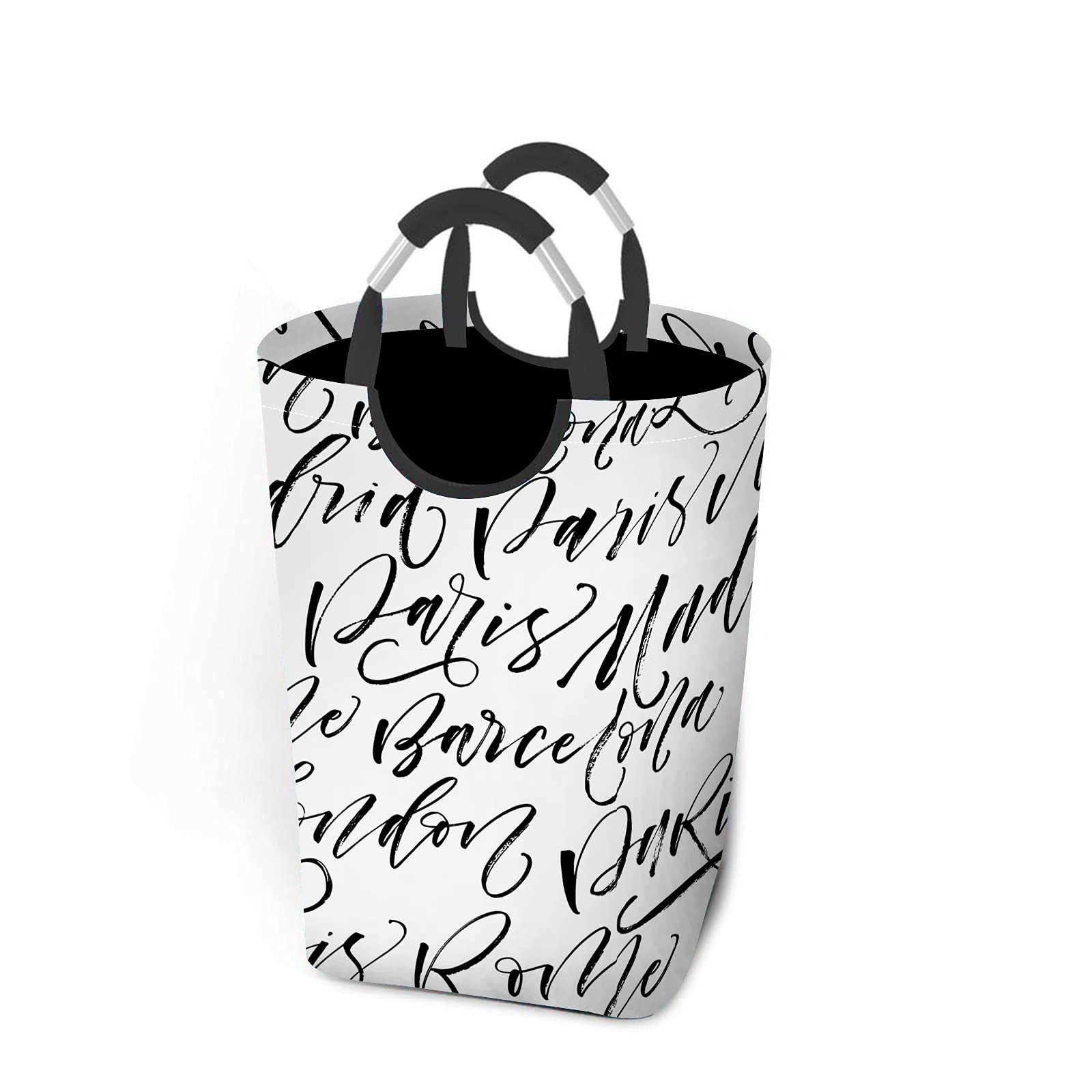 Beabes Laundry Hamper with Aluminum Handle - Modern Ink Calligraphy Art Storage Basket for Bathroom, Dorm & Closet (Cities Collection: Paris, Madrid, Barcelona, Rome, London) - Foldable Square Washing Bin for Home Organization & Space Saving