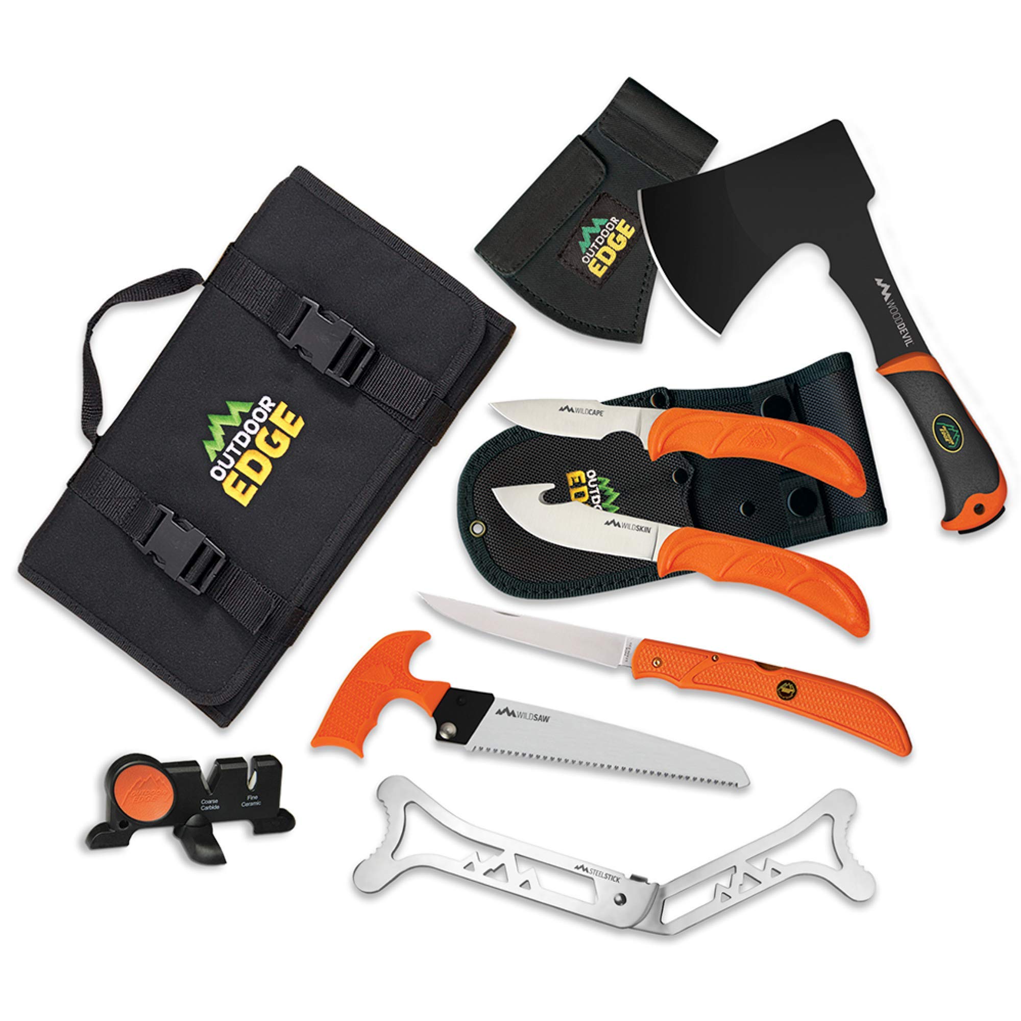 OUTDOOR EDGE Outfitter 9-Piece Hunting Knife Set - Caping Knife, Gut Hook, Boning Fillet Knife, Sharpener, Axe, Wood Saw & Gloves for Deer Processing, Field Dressing & Game Butchering | Perfect for Hunters, Camping & Outdoor Cooking