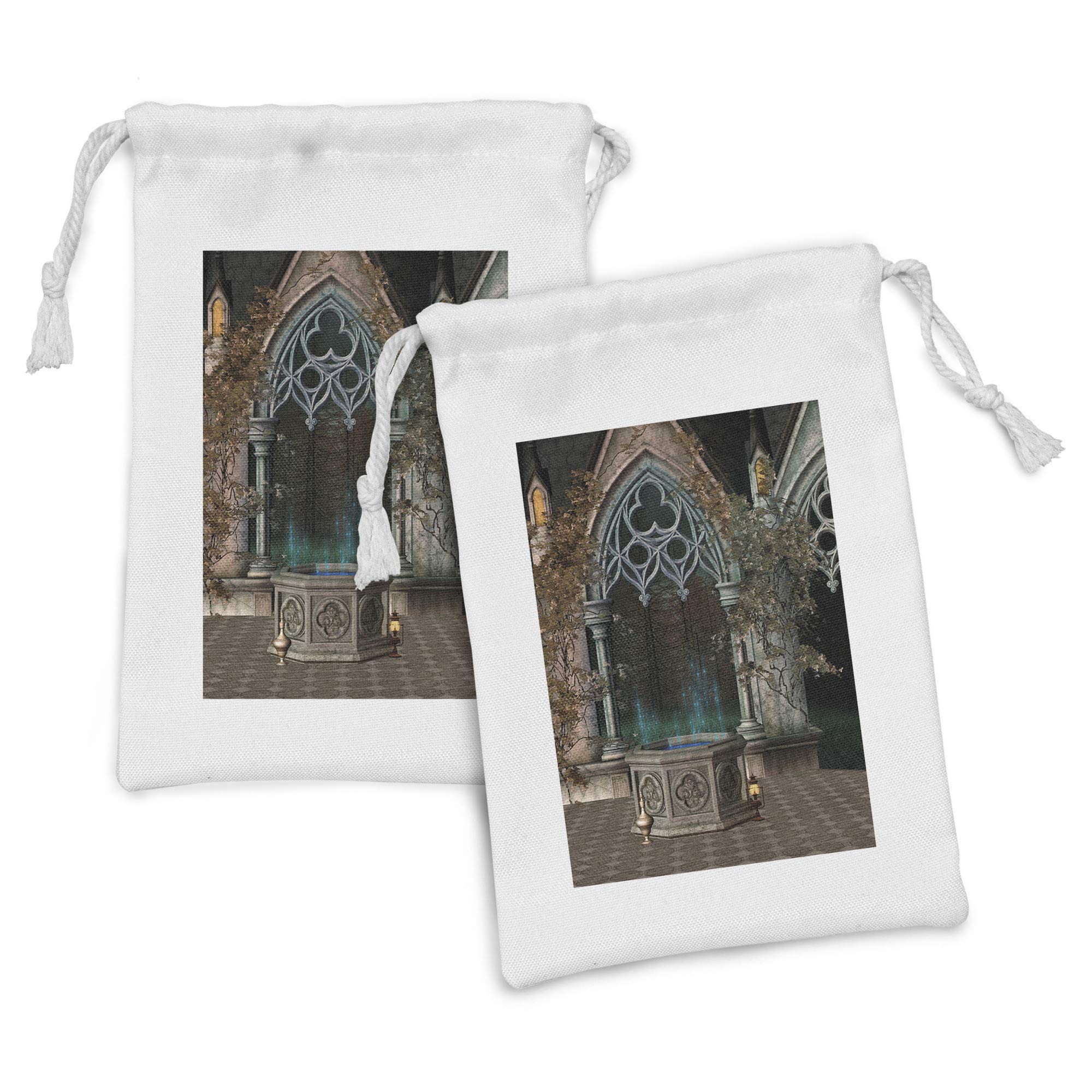 Ambesonne Gothic Fabric Pouch Set of 2 - Enchanted Wishing Well Ivy Design, Small Drawstring Bags for Toiletries, Masks & Party Favors (9