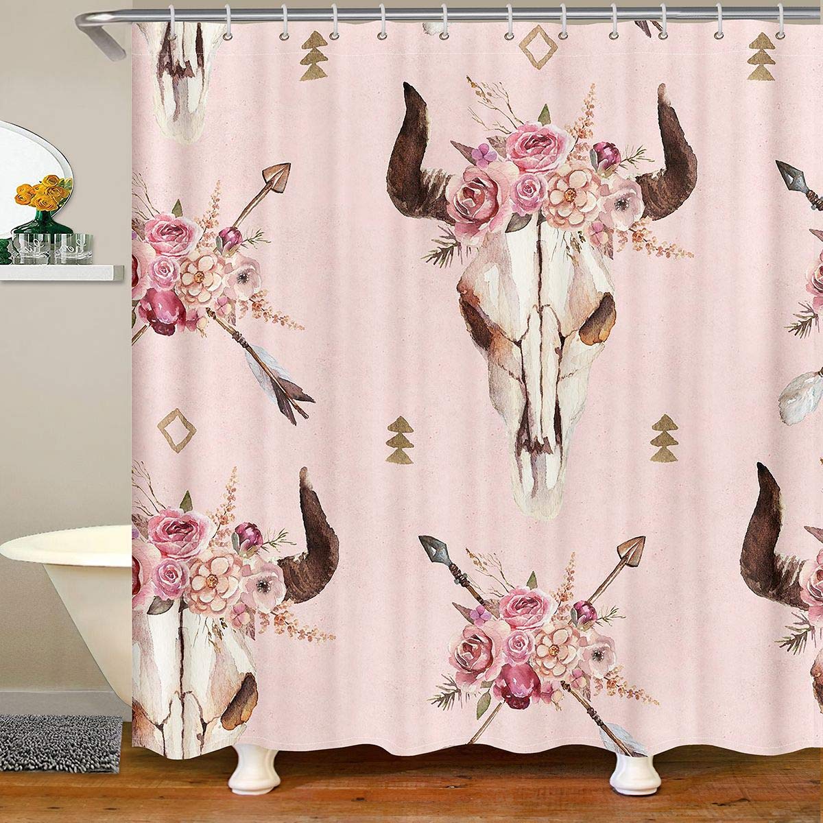 Waterproof Boho Floral Bull Skull Shower Curtain with Hooks - Pink Tribal Design for Girls, Boys & Women Bathroom Decor - Perfect for Kids' Rooms, Boho Chic Bathrooms & Western Themed Showers