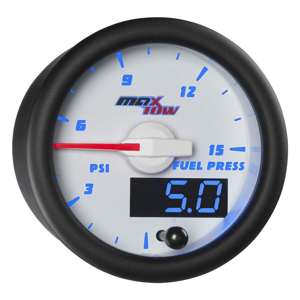 MaxTow Double Vision 15 PSI Fuel Pressure Gauge Kit with Electronic Sensor - White Face & Blue LED Dial - 52mm Analog/Digital Gauge for Trucks, Cars & Performance Vehicles - Engine Monitoring & Diagnostics Tool