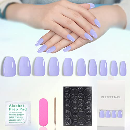 24pcs Short Coffin Press on Nails - Glossy French Tip Artificial Acrylic Nails for Women & Girls (Light Purple) | Medium Length Ballerina False Nails for Daily Wear, Parties & Special Occasions