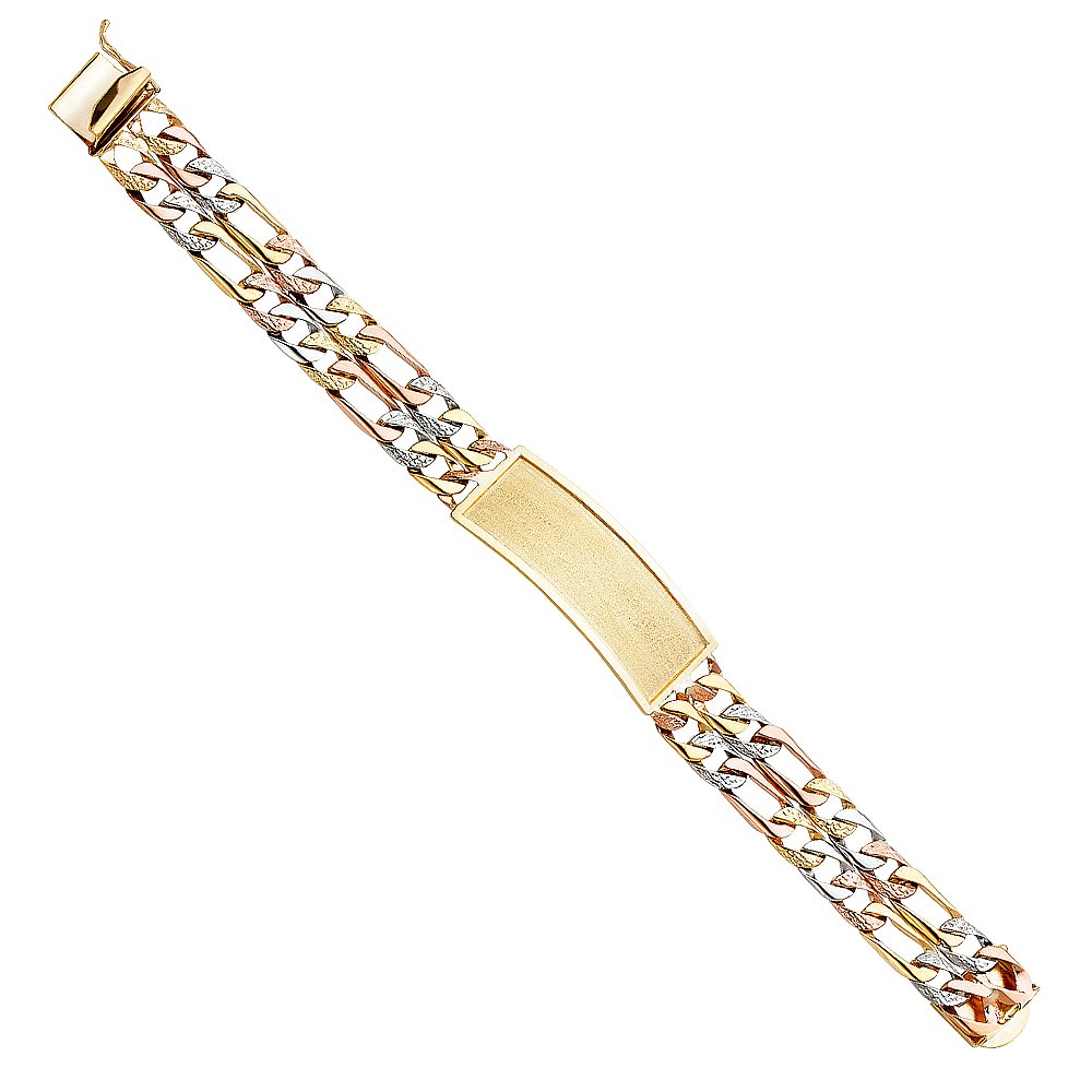 14K Tri-Color 2L Nugget Figaro Link ID Bracelet - 8.5