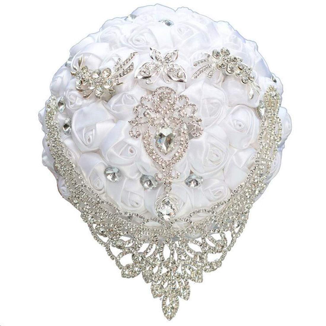 Handmade Artificial Rose Wedding Bouquet with Crystal Pearl & Satin Ribbon - Bridal Bouquet for Bride, Bridesmaid, Toss Bouquet - Perfect for Wedding, Church, Engagement, Valentine's Day Party & Home Decor