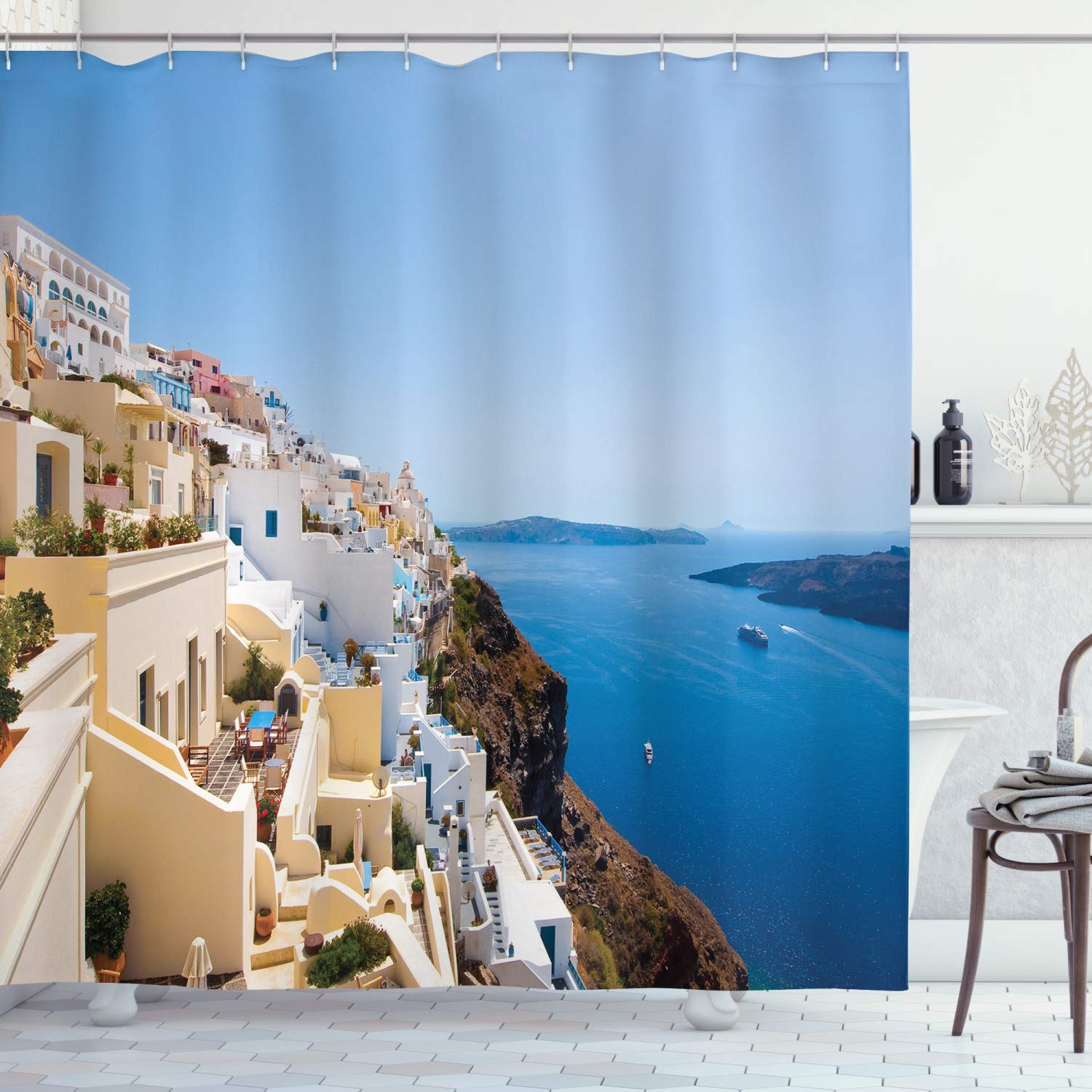 Ambesonne European Shower Curtain - Greek Island Cliff Cityscape with Mediterranean Culture Design, 69x70 Inch Fabric Bathroom Decor Set with Hooks, Ecru - Perfect for Coastal & Vacation Home Bathrooms