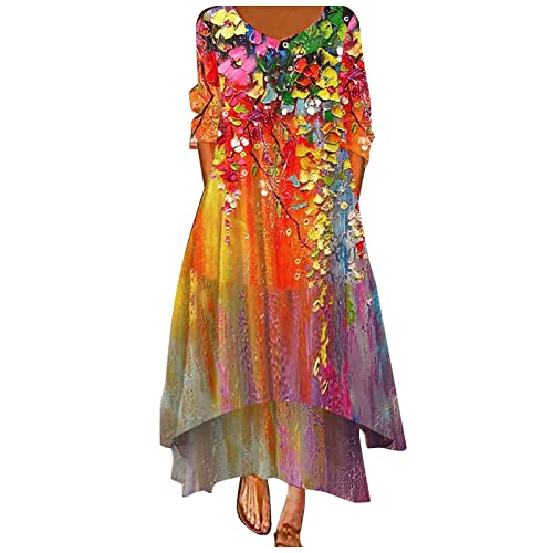 Sexy V-Neck Long Sleeve Floral Print Ruffle Swing Dress for Women - High Low Hem Loose T-Shirt Dress for Casual Wear, Date Night & Party Outfits