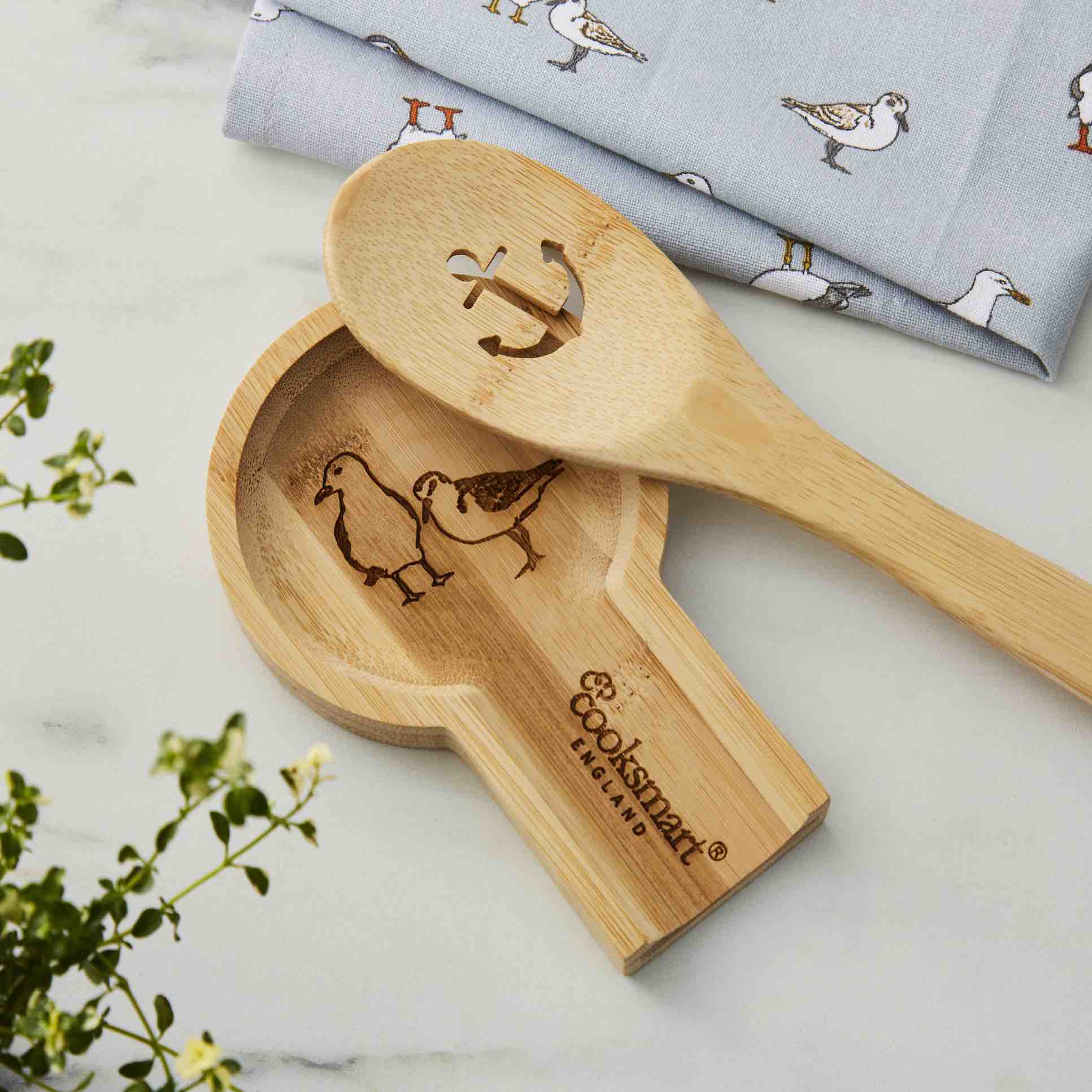 Coastal Birds Large Bamboo Spoon Rest - Kitchen Utensil Holder for Cooking, Serving & Dining - Perfect for Soup, Sauce & Stir Fry - Beach House & Coastal Decor
