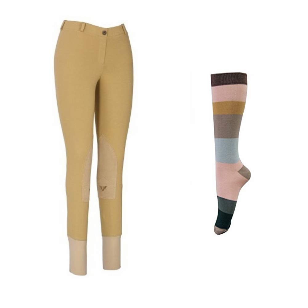 TuffRider Women's Starter Low-Rise Pull-On Breeches with Free Boot Socks | Knee Patch Equestrian Pants | Horse Riding Apparel for Women | Light Tan Size 26 - Perfect for English Riding Lessons & Stable Work
