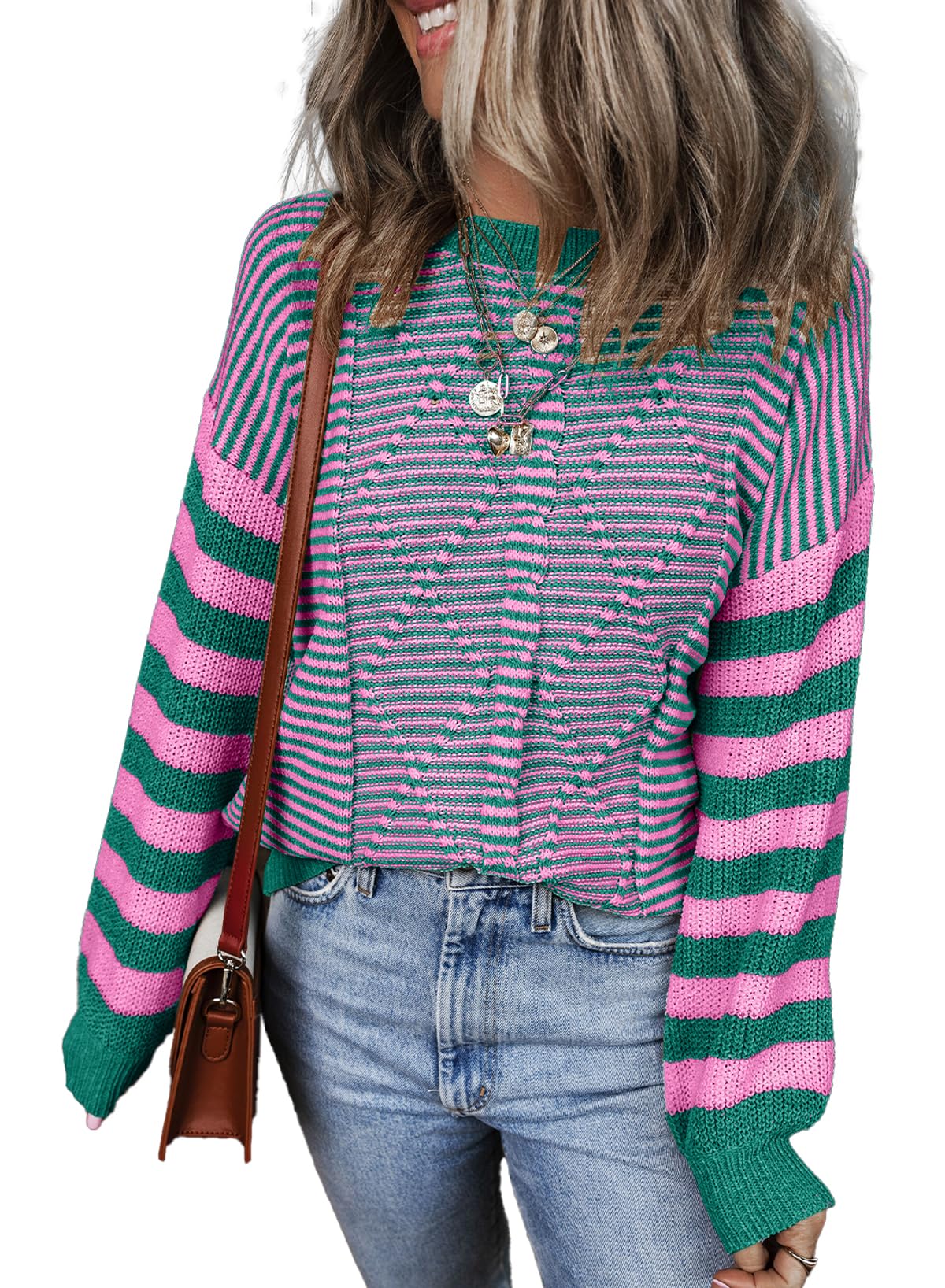 EVALESS Women's Striped Cable Knit Pullover Sweater - Trendy Fall Winter 2024 Fashion - Perfect for Office, Casual Outfits & Holiday Season