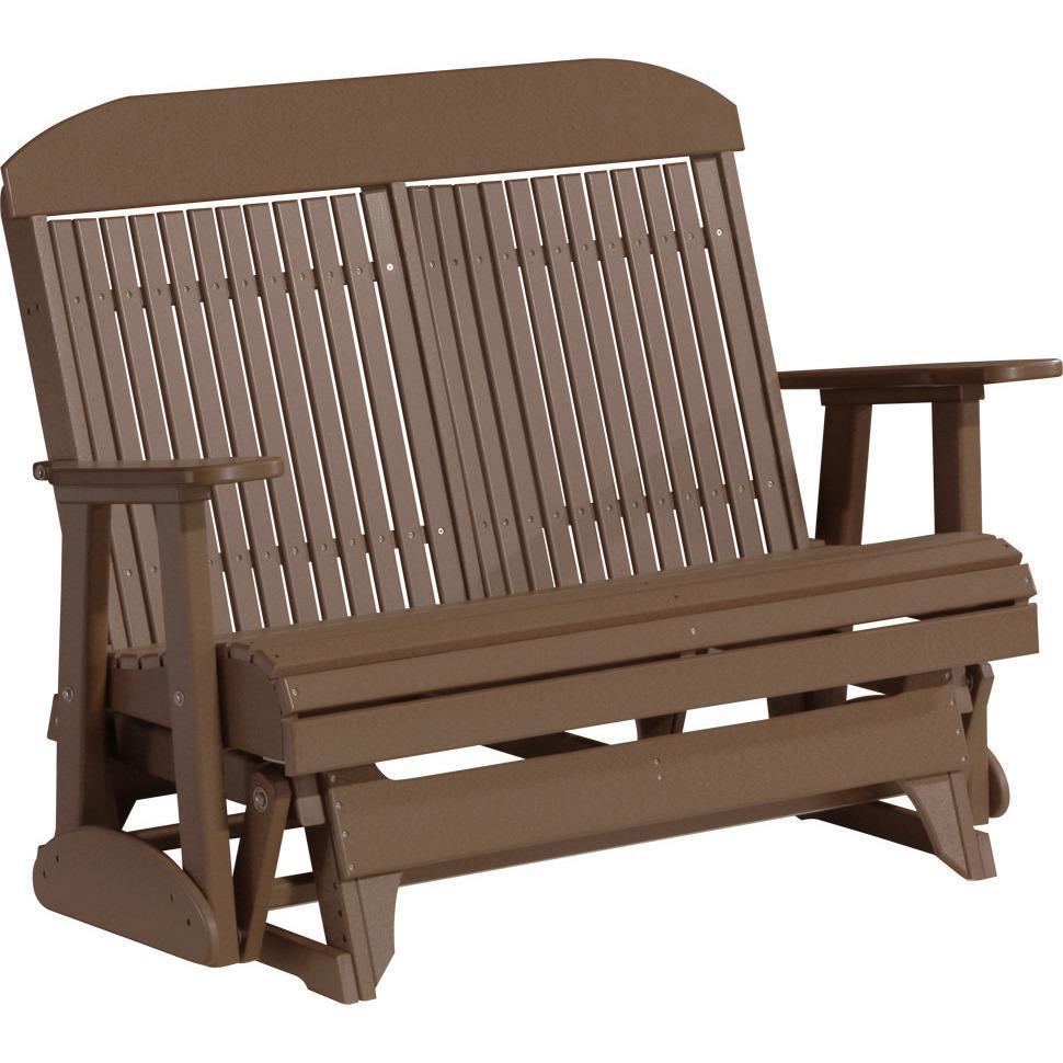 LuxCraft 4 ft. Recycled Plastic Highback Outdoor Glider Bench - Chestnut Brown - Cup Holder Included - Perfect for Patio, Garden, and Backyard Relaxation