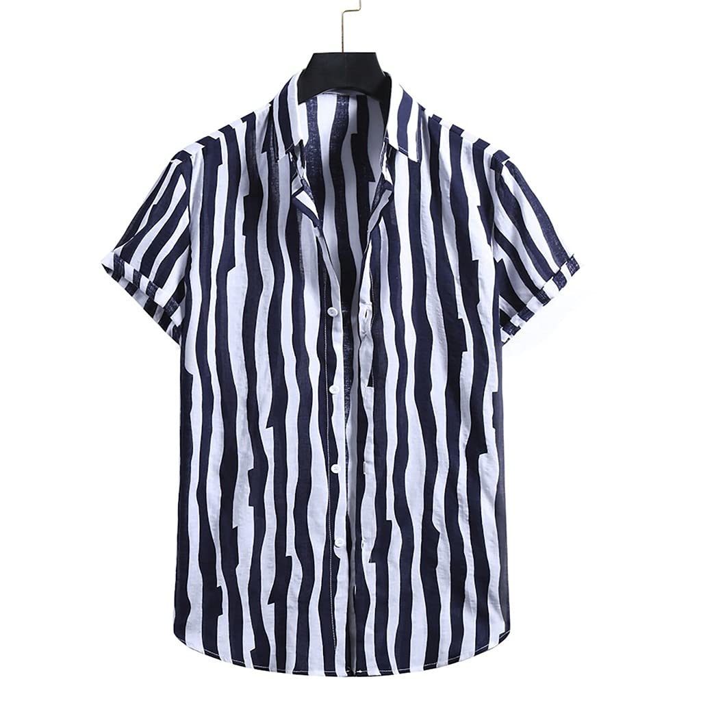 Hawaiian Shirt for Men - Vintage Stripes Print, Loose Fit Short Sleeve Casual Button Down Shirt, Breathable Cotton Linen Blend, Beach Vacation, Summer Party, Luau Outfit (White, XXL)