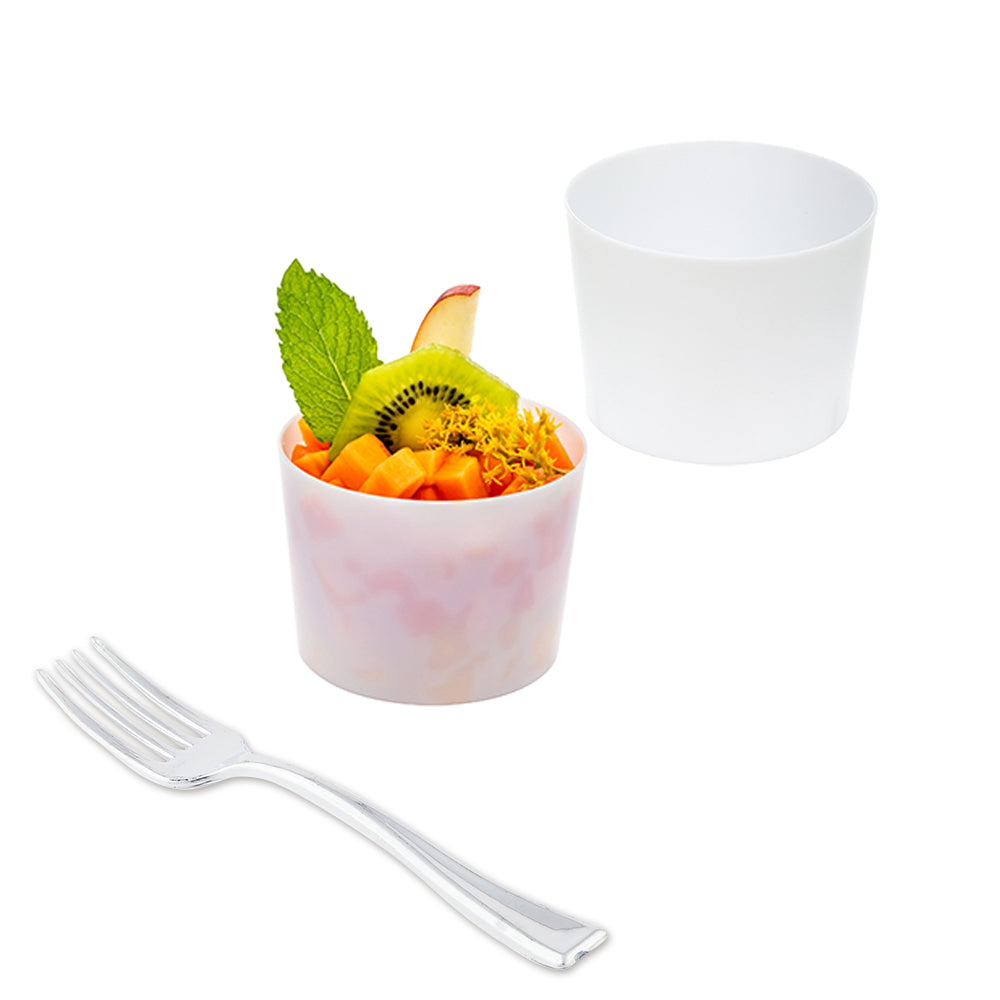 100 Pack 6 oz Round White Plastic Cylindro Cups with 100 Silver Mini Forks - Perfect for Parties, Weddings, and Events