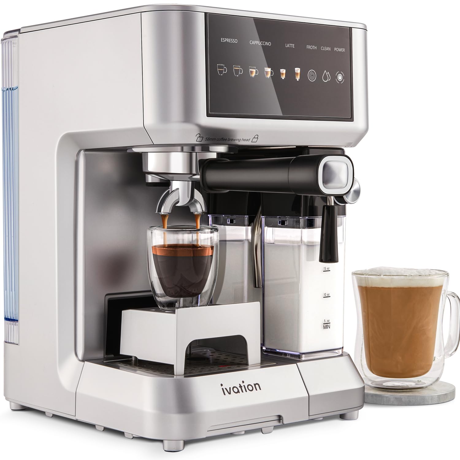 Ivation 58mm Espresso & Cappuccino Machine with Milk Frother - Home Coffee Maker for Single & Double Shots - Makes Espresso, Latte, Cappuccino - Auto Clean & Descale Feature - Detachable Milk Reservoir - Perfect for Home Baristas & Coffee Lovers