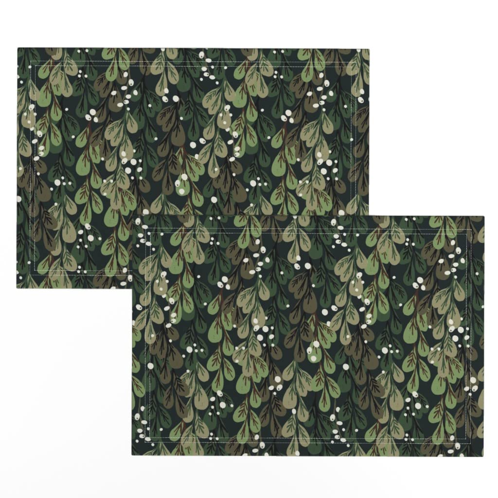 Christmas Holiday Green Rustic Farmhouse Placemats Set of 2 - Botanical Greenery Printed Linen Cotton Canvas Table Mats for Dining Decor, Holiday Dinner Party & Home Kitchen Accessories