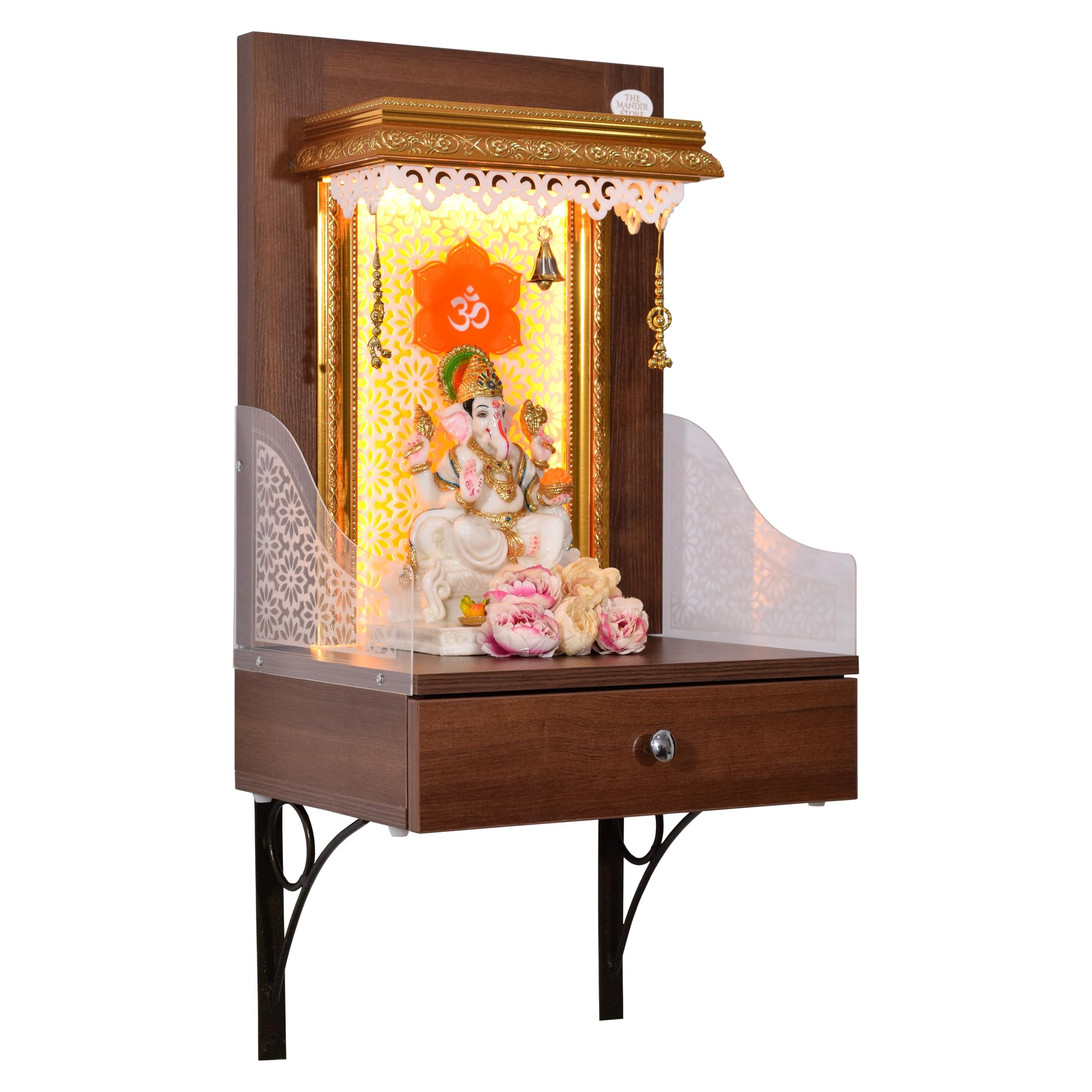Handcrafted Wooden Home Temple with LED Lights - Elegant Prayer Altar for Meditation & Spiritual Decor - Perfect for Home, Office, or Gift