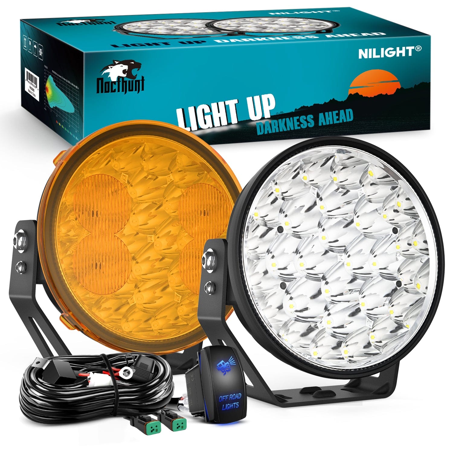 9-Inch 140W Round Off-Road LED Light Bar with Yellow/Black Covers - Hyper Spot Beam Work Light for Trucks, ATVs, UTVs (Pair) | 12 AWG DT Connector Wiring Harness Kit | Perfect for Off-Roading, Camping & Night Driving