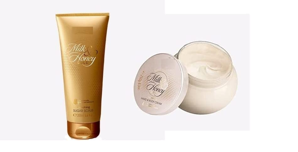 SSONNA Imperial Milk & Honey Gold Sugar Scrub & Body Cream Set - Exfoliating Smoothing Scrub (200ml) + Nourishing Hand & Body Lotion (250ml) - Luxury Skincare Combo for Dry Skin, Perfect for Spa Day & Gift Giving