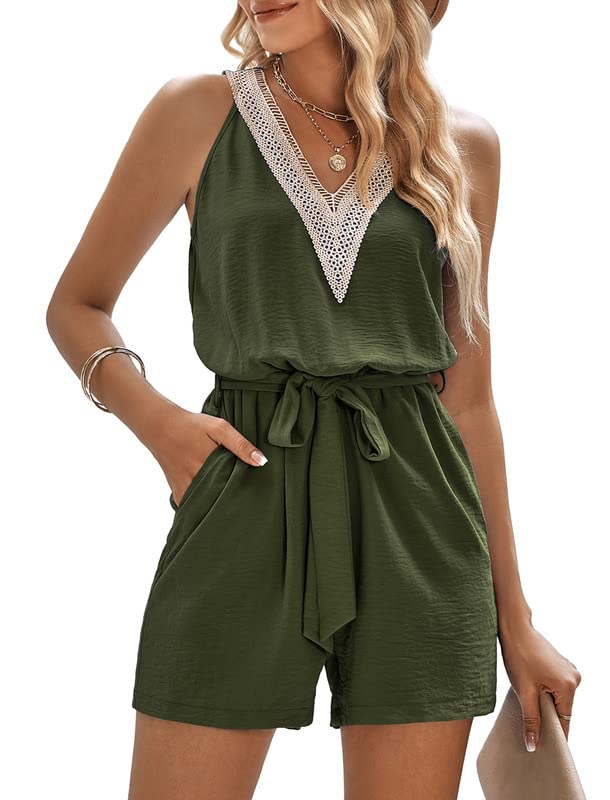 BAIMORE Women's Lace V-Neck Sleeveless Jumpsuit - Casual Summer Romper with Pockets | Perfect for Beach Vacations, Date Nights & Outdoor Parties