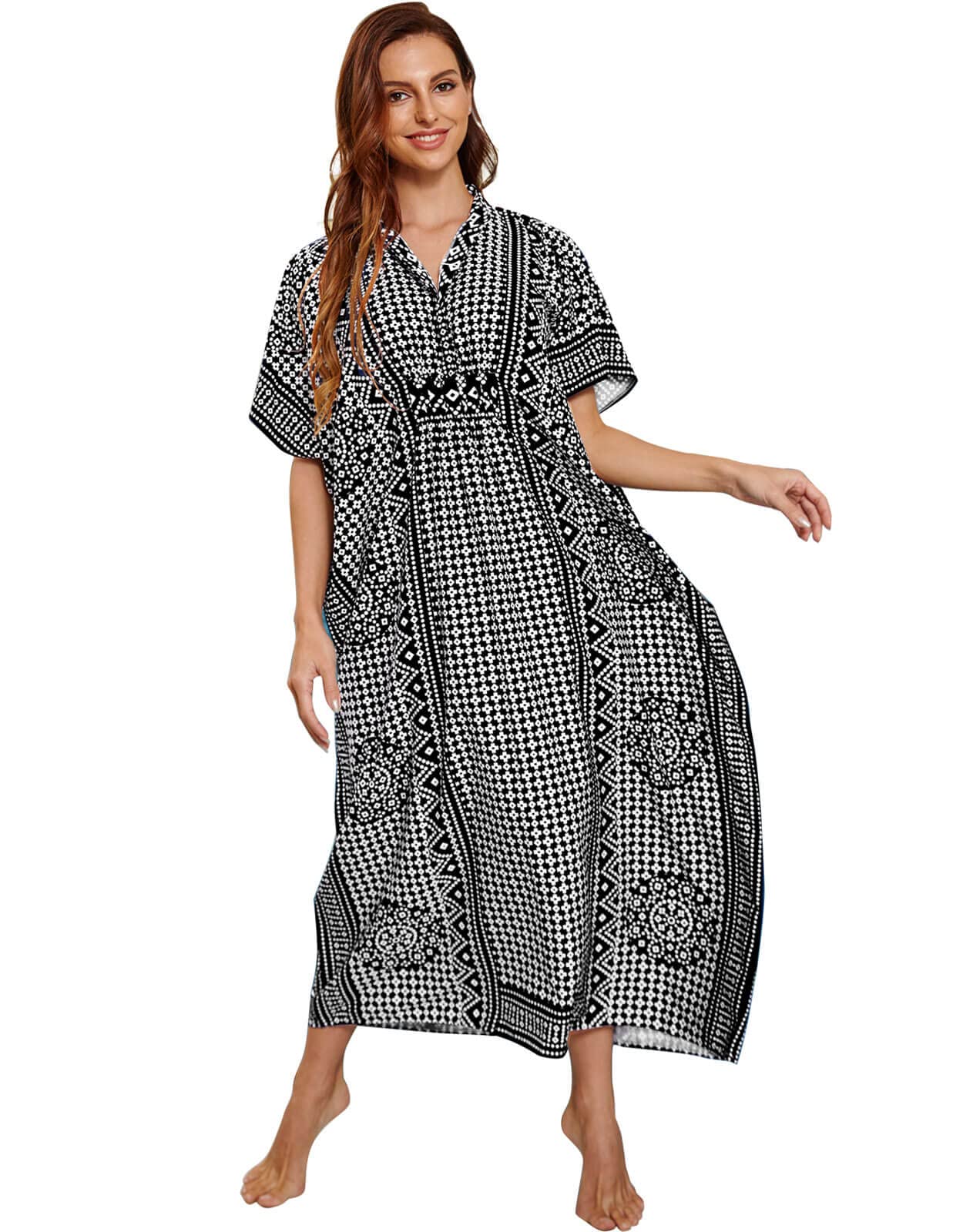 DRVITOR Women's Ethnic Print Kaftan Dress - Long Loose Batwing Sleeve Beach Cover Up - Maxi Swimsuit Cover Up One Size - Perfect for Poolside, Vacation & Summer Outings