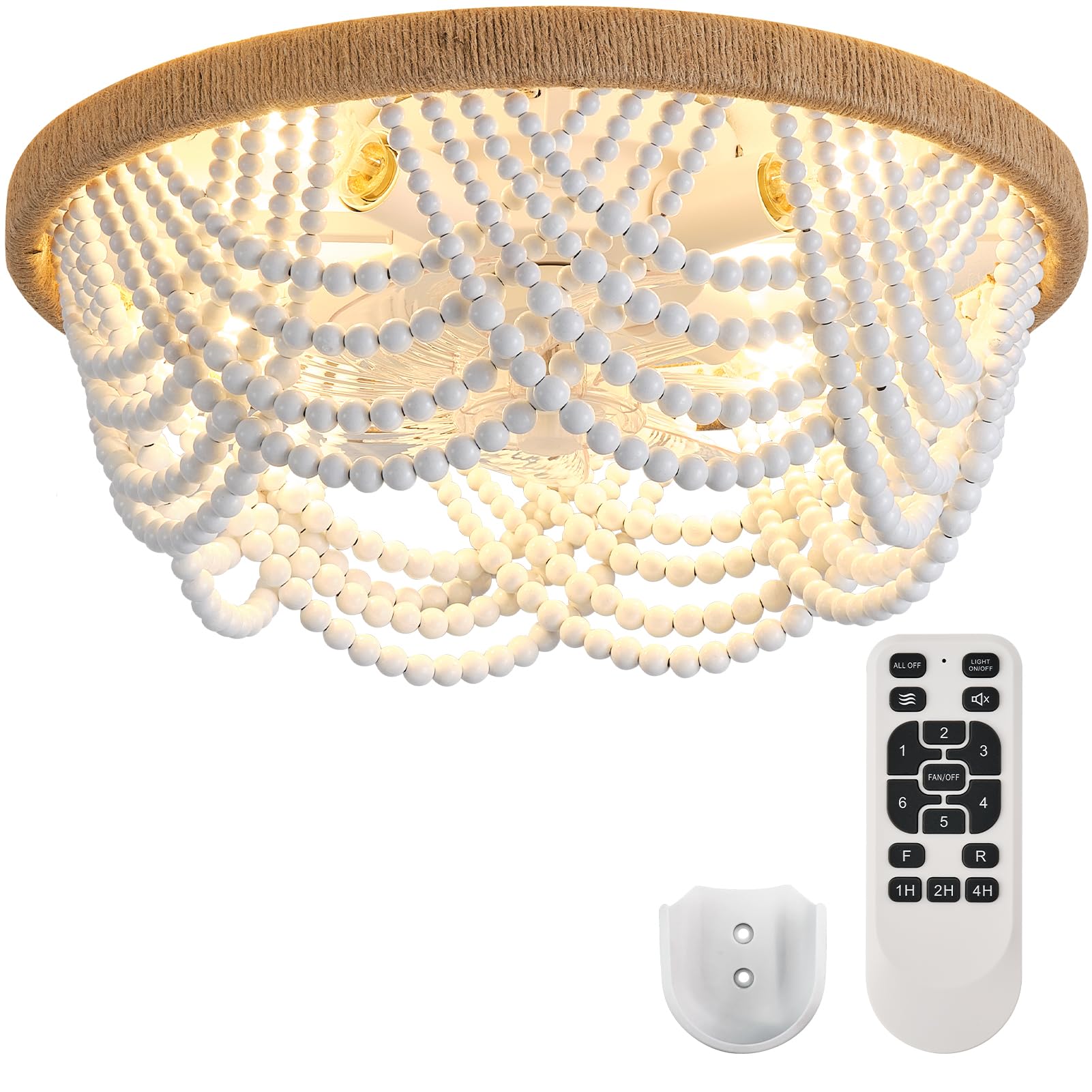 19-inch White Caged Fandelier Ceiling Fan with Lights & Remote - Handcrafted Beaded Decor, Reversible Flush Mount, Bulbs Included | Perfect for Bedroom, Living Room & Patio Cooling