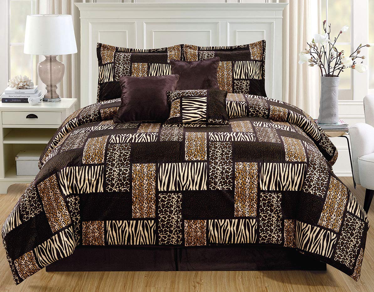 Premium 7-Piece King Size Dark Brown Black Animal Print Comforter Set - Leopard Zebra Cheetah Safari Theme Velvet Bedding with Accent Pillows & Bed Skirt for Luxurious Bedroom Decor | Jungle Safari Party & Wild Animal Themed Room Design