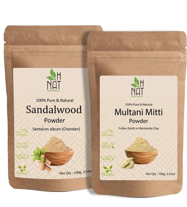 Pure Sandalwood Powder & Multani Mitti Clay Mask Combo (100g Each) – Natural Herbal Face Pack for Glowing Skin | DIY Skincare, Acne Treatment, Brightening & Exfoliation