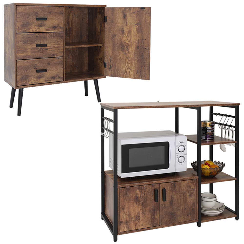Vintage Mid-Century Storage Cabinet & Kitchen Baker's Rack Set - Rustic Brown Microwave Stand, Sideboard, Freestanding Cupboard, Entryway Organizer | Perfect for Small Kitchens, Dining Rooms & Farmhouse Entryways