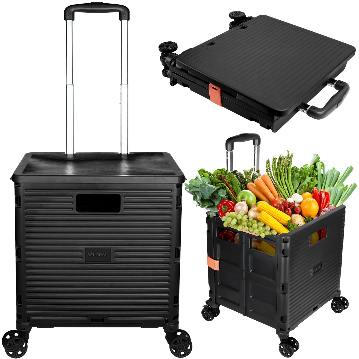Foldable Utility Cart with Wheels - Portable Collapsible Rolling Crate with Lid, 360° Rotating Noiseless Wheels for Shopping, Storage & Office Use | Perfect for Teachers, Groceries, Warehouse & Home Organization